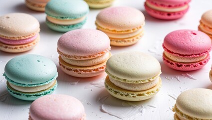 Obraz premium Delicious assortment of pastel macarons arranged neatly on a textured white surface, showcasing vibrant colors and delicate textures