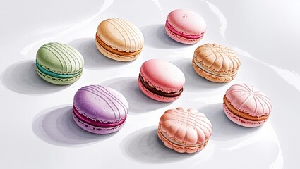 Obraz premium Colorful macarons arranged on a glossy surface, showcasing various flavors and decorative styles in a delightful culinary display