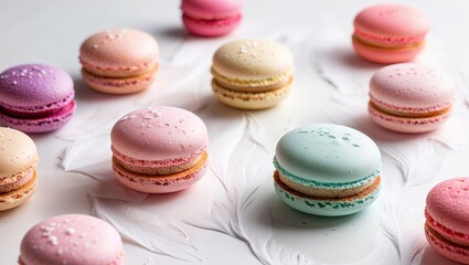 Obraz premium Colorful macarons arranged artistically on a textured surface showcasing vibrant flavors and delicate craftsmanship