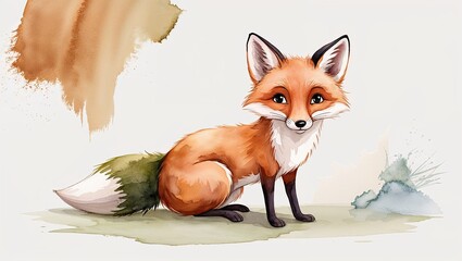 Obraz premium A cute cartoon fox sitting on a light background with colorful splashes and brush strokes in a whimsical artistic style
