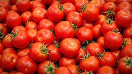 Fresh ripe red tomatoes with green stems glossy skin and vibrant colors