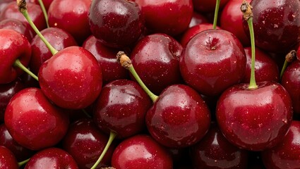 Freshly washed deep red cherries with green leaves and stems