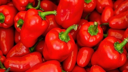 Vibrant red chili peppers with glossy skin and green stems