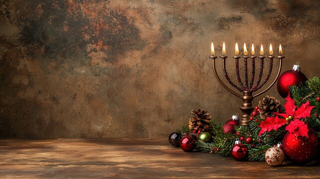 Festive Hanukkah Menorah with Christmas Ornaments and Pine Branches