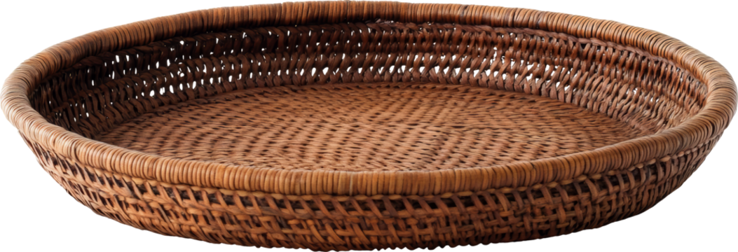 Round wicker basket on transparent background, rustic home decor concept