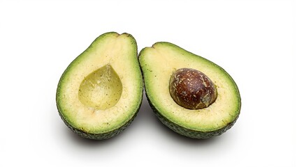 Fresh avocado with creamy green flesh and brown pit on textured dark green skin