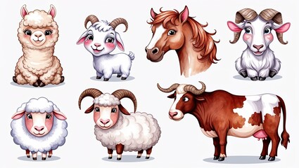 Fototapeta premium Cute farm animals illustrated together, featuring a llama, goat, sheep, horse, cow, and ram in a cheerful arrangement