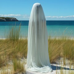 Ethereal Figure at Serene Coastal Beach Scene