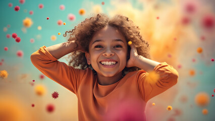 A Playful and Colorful Background with a Girl Bursting with Energy and Creativity