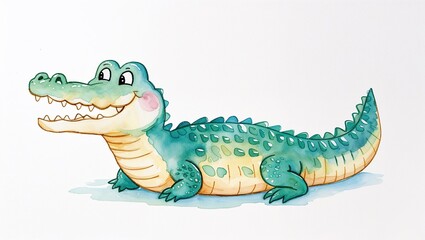 Fototapeta premium A cheerful cartoon crocodile lounging against a clear background, showcasing playful colors and a friendly expression