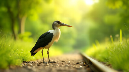 A Majestic Observation: A Large Beak Captured on a Bright Sunlit Track Surrounded by Nature