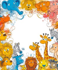 Fototapeta premium Colorful cartoon animal faces in a whimsical design for children's projects.