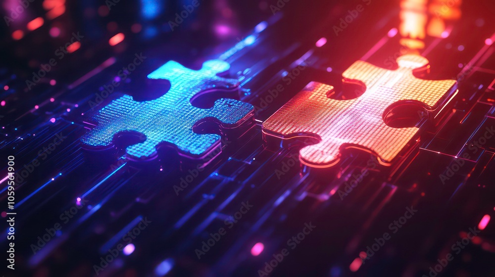 Poster two glowing puzzle pieces fit together on a digital circuit board, representing connection, collabor