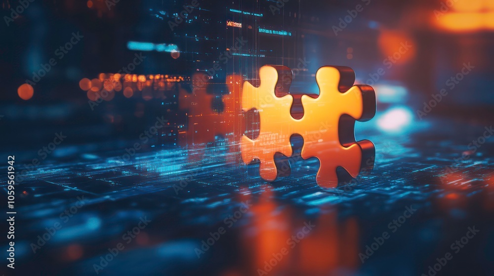 Poster two golden puzzle pieces connect on a digital background, representing unity, teamwork, and solution