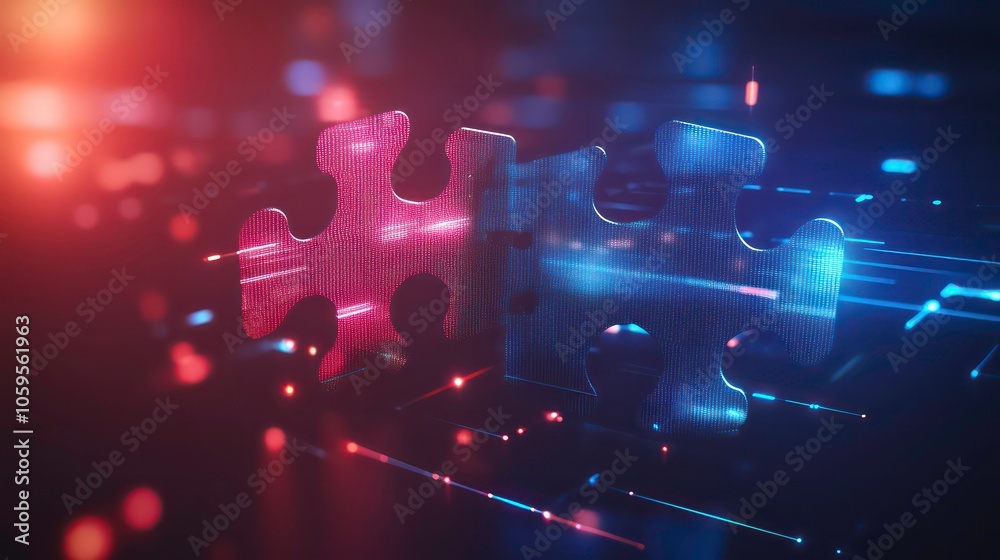 Poster two glowing puzzle pieces connected by a digital network.