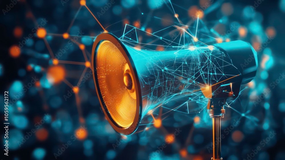 Poster A megaphone surrounded by a network of glowing lines and dots, representing the spread of information and communication.