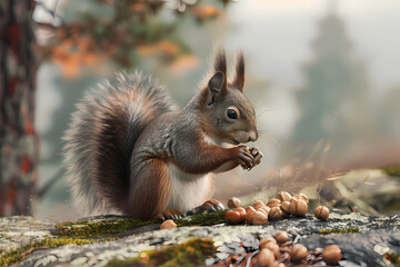 Naklejka premium A close-up of a fluffy brown squirrel enjoying hazelnuts in a serene forest setting during autumn.
