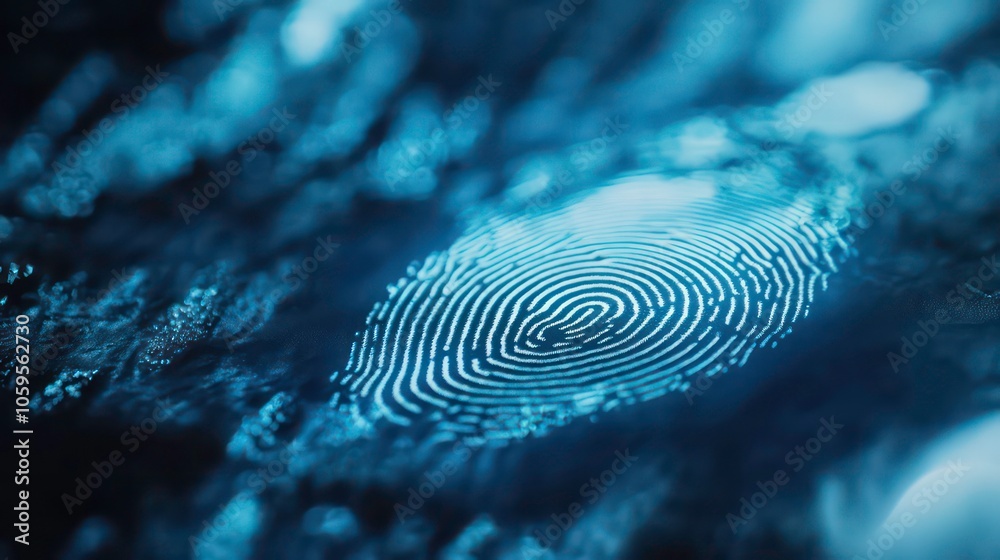 Poster a close-up shot of a digital fingerprint. the fingerprint is rendered in a blue, ethereal light, and