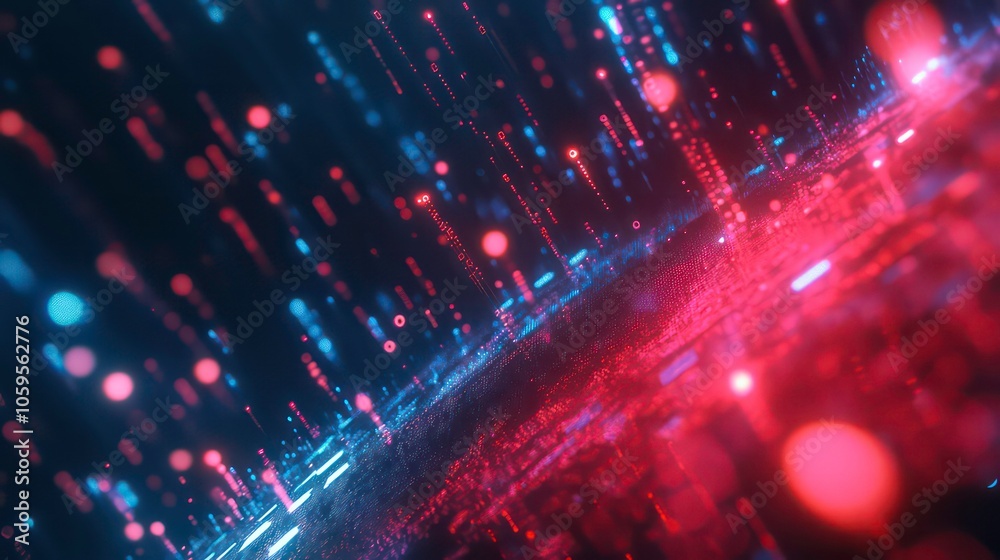 Aufkleber Abstract digital background with red and blue glowing lines and dots on a black background.