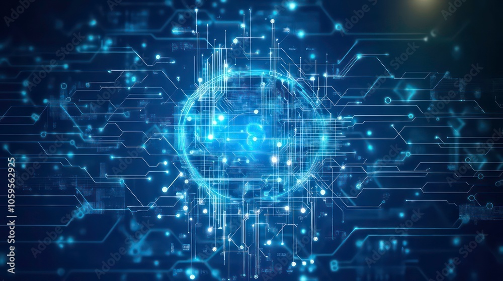 Poster Abstract digital technology background with glowing blue circuit board and data streams.