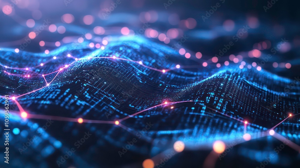 Poster abstract digital landscape with glowing lines and particles, representing data flow, technology, and