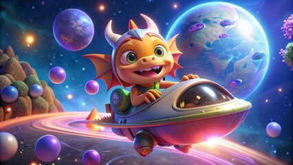 Naklejka premium Adventurous cartoon dragon flying spaceship through vibrant cosmic scene