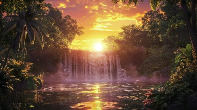 Breathtaking waterfall cascading down rocks, brilliantly illuminated by warm sunlight, creating a stunning natural spectacle
Seamless looping 4k time-lapse virtual video animation Generated AI