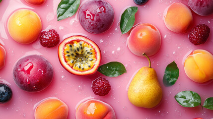 Vibrant Variety of Fresh Summer Fruits with Passionfruit and Pear on Pink Background, Healthy Eating Concept