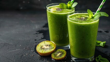 Refreshing Green Homemade Smoothies with Fruits on a Dark Background for Healthy Living