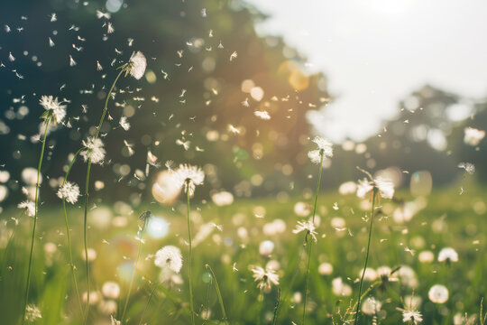 A picturesque meadow bathed in sunlight with floating pollen par