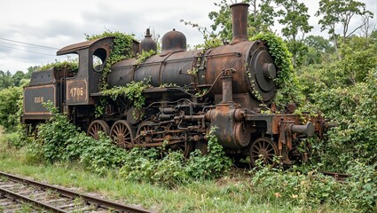 Abandoned steam engine reclaimed by nature rusted and overgrown on forgotten tracks
