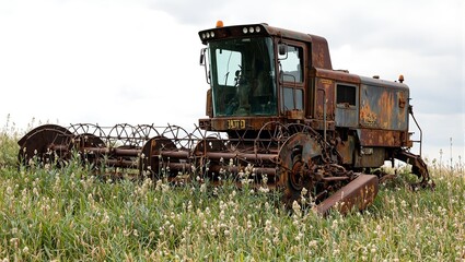 Fototapeta premium Rusty old combine harvester in tall grass with broken windows and wildflowers