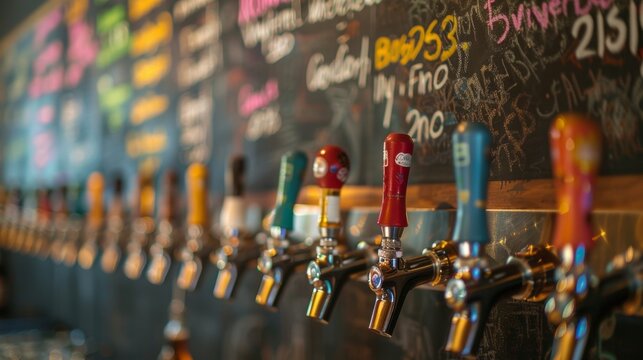 Colorful beer taps in a modern bar. Glistening in the light with a variety of refreshing options on a chalkboard menu. Stainless steel and chrome add a touch of modern design. Perfect for a night out