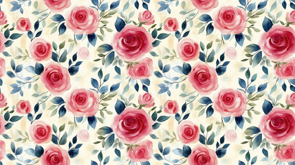Seamless vintage pattern featuring watercolor rose flowers and green blue branches on a pastel background ideal for textiles wrapping paper and stationery