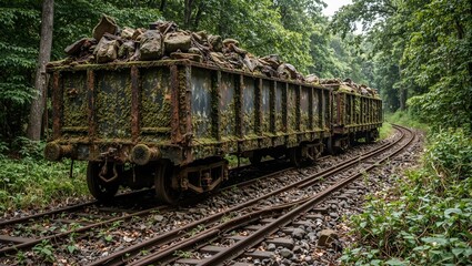 Rusted mining cart on tracks in dense forest with rocks and moss