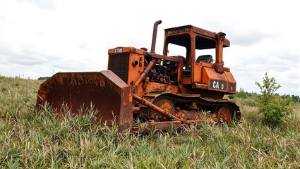 Obraz premium Rusted bulldozer in grassy field blade buried in earth surrounded by tall weeds