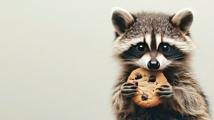 Cute raccoon holding a cookie. On a light background. With copy space. Could be used for illustrating food attractions, banners, posters, postcards, greeting cards, etc.