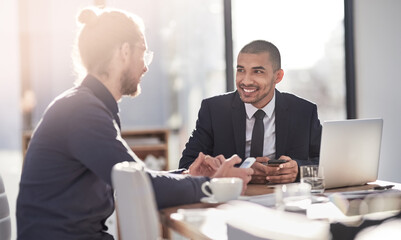 Fototapeta premium Business people, conversation and laptop with meeting, teamwork and collaboration of account executive. Management, internet and diversity with planning, crm software and tech with office discussion