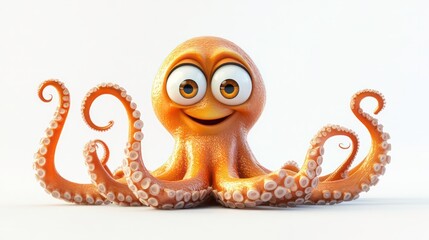 Cute and friendly orange octopus character with big eyes and a happy smile. 3D rendering of a cartoon octopus isolated on white background.