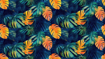 Naklejka premium Tropical leaves seamless pattern featuring vibrant watercolor designs of banana palms ideal for summer swimwear fabric prints