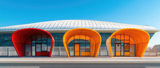 Fototapeta premium Three colorful arched entrances to a modern building with a curved metal roof.