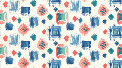 Colorful seamless pattern featuring paintbrush strokes with Aztec motifs in blue red and green pastels ideal for textiles and home decor ethnic design watercolor texture