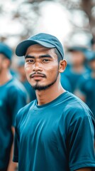 Fototapeta premium Group of Indonesian workers in blue t-shirts, isolated on white background Generative AI