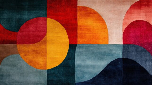 A vibrant, abstract rug featuring geometric shapes in warm and cool colors, This image can be used for home decor inspiration, interior design blogs, or product listings for modern rugs,