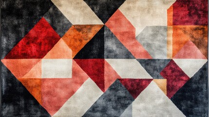 Fototapeta premium A vibrant geometric rug design featuring bold colors like red, orange, and gray, perfect for enhancing modern interior spaces or as a focal point in living rooms and lounges,