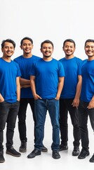 Obraz premium Five Indonesian workers in blue t-shirts with confident poses on a white background, ideal for corporate or team work concepts Generative AI