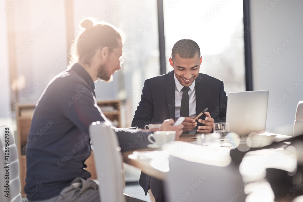Poster business, people and meeting with phone in office of project schedule, communication and review feed