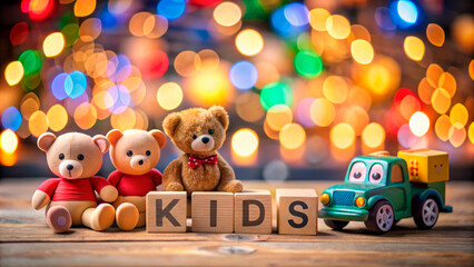 Fototapeta premium Teddy bears and a toy car with 'KIDS' blocks against a vibrant, bokeh light backdrop, perfect for children's themes.