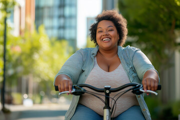 Obraz premium A woman is riding a bicycle down a street with a smile on her face