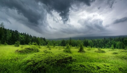 Fototapeta premium Grey depressive sky above green forest, bad weather